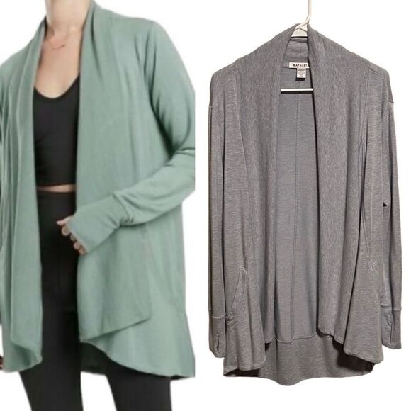 ATHLETA- Pranayama Wrap Cardigan Heather Blue Thumbholes Long Sleeved Small TALL - Picture 1 of 14